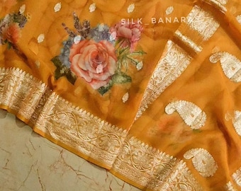 Mustard Pure Khadi Chiffon Zari Work Banarasi Silk Wedding Wear Handwoven Saree Designer Weaving Fabric Sari Women With Running Blouse Piece