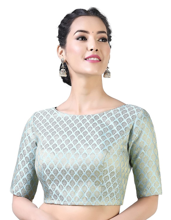 Blue Readymade Boat Neck Designer Saree Blouse Floral Pattern