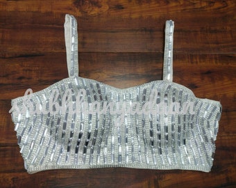 Silver Readymade Heavy Beaded Blouse Designer Saree blouse Cocktail Party Wedding Indian Bridal Sari Choli Crop Top Skirts Bridesmaid Blouse