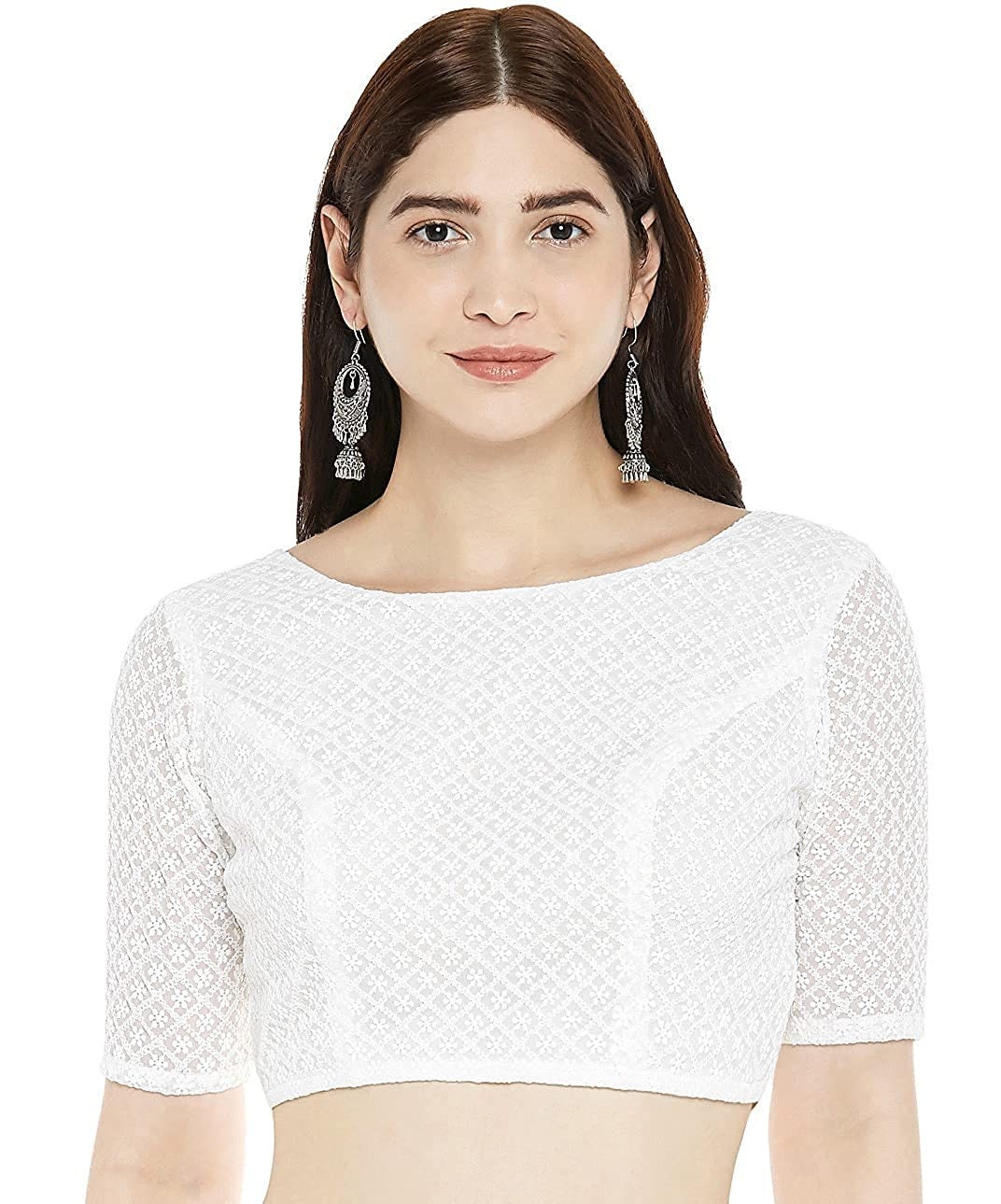 White Readymade Boat Neck Designer Saree Blouse Georgette