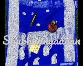 Durga puja khadi Chiffon Zari Work Banarasi Silk Wedding Wear Handwoven Saree Designer Weaving Fabric Sari Women With Running Blouse Piece