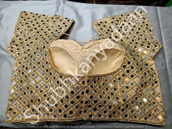 Golden Designer Wedding Wear Readymade Bride Saree Blouse Heavy Beaded Women Poly Silk Sari Choli Indian Fabric Craft Tunic Top Bridal Wear