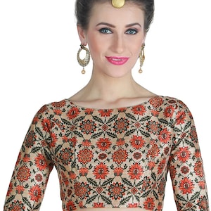 Multi Readymade Bride Designer Boat Neck Saree Blouse Floral Printed Women Poly Silk Sari Choli Indian Wedding Wear Fabric Craft Tunic Top