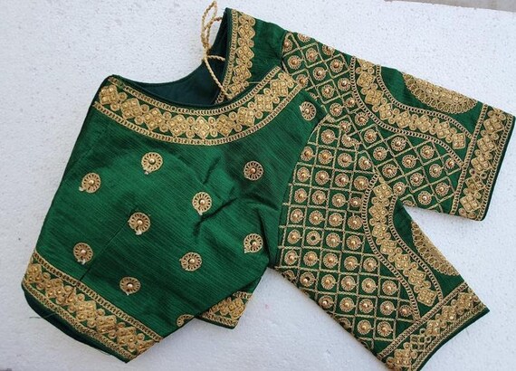 Green Readymade Bride Designer Saree Blouse Floral Embroidery