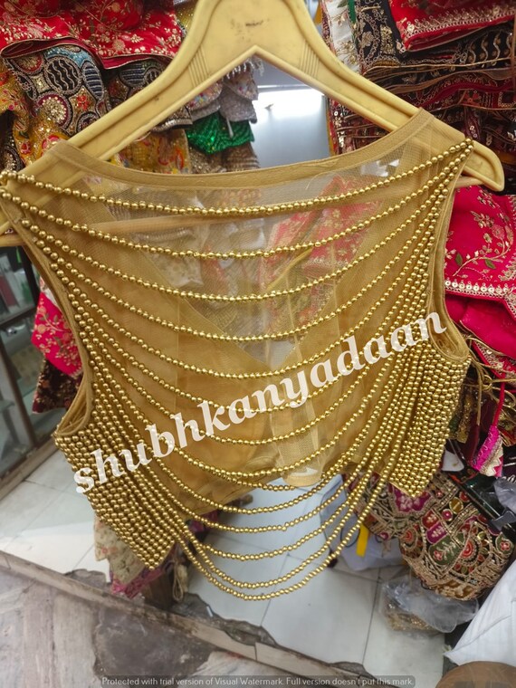 Golden Pearl Beaded Work Sabyasachi Deep V Cut Readymade Designer Wedding  Wear Bride Saree Blouse Women Sari Choli Indian Fabric Crop Top 