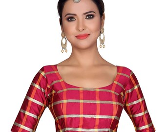 Pink Readymade Rundhals Designer Saree Bluse Kariert Webmuster Damen Poly Seide Sari Choli Indian Wedding Wear Stoff Tunika Top