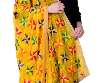 42 x 84 pouces indien brodé à la main Phulkari Chiffon Dupatta Femmes pleine taille Dupatta Wedding Designer Stole Girl Fabric Hijab