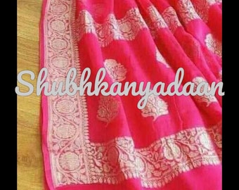Durga puja khadi Chiffon Zari Work Banarasi Silk Wedding Wear Handwoven Saree Designer Weaving Fabric Sari Women With Running Blouse Piece