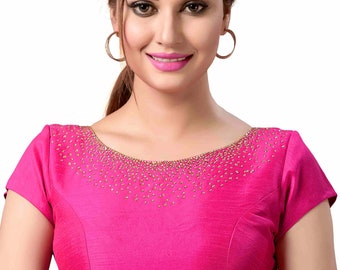 Pink Readymade Bride Designer Boat Neck Saree Blouse Beaded Work Women Poly Silk Sari Choli Indian Wedding Wear Fabric Craft Tunic Top