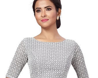 Grey Readymade Boat Neck Designer Saree Blouse Georgette Chikankari Embroidered Women Sari Choli Indian Wedding Wear Fabric Tunic Top