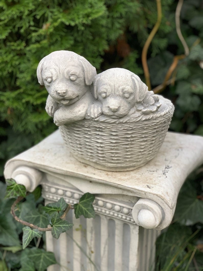 Flower Pot Dog Basket Dog Figurine Concrete Garden Statue Etsy