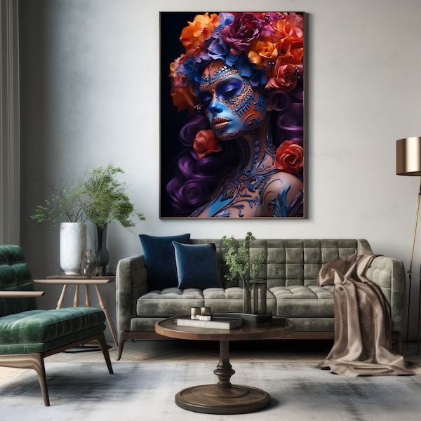 Miss Evoke - Dead inside · XL · Giclée · Très grande décoration murale · Toile en coton · Peinture numérique · uvre d'art en nombre limité · Santa Muerte · Fleurs