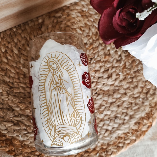 Beer can glass | Floral | Virgin Mary beer can glass | Virgin Mary | Iced coffee beer can glass