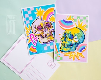 Pastel Punk // A6 Postcard | colorful rainbow punk pop skull card