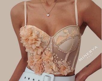 Flowers handmade peach colored corset, push-up, unique