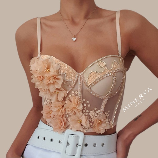 Corset couleur pêche fait main fleurs, push-up, unique