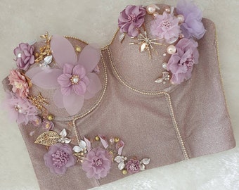 Corset à fleurs rose pailleté, fait main, unique, unique en son genre, édition limitée