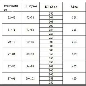 May include: A size chart for bras, featuring measurements in centimeters for underbust and bust, EU sizes, and US sizes. The chart includes illustrations of the bust and underbust measurements.