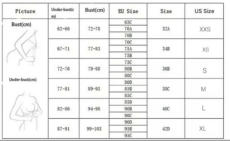 May include: A size chart for bras, featuring measurements in centimeters for underbust and bust, EU sizes, and US sizes. The chart includes illustrations of the bust and underbust measurements.