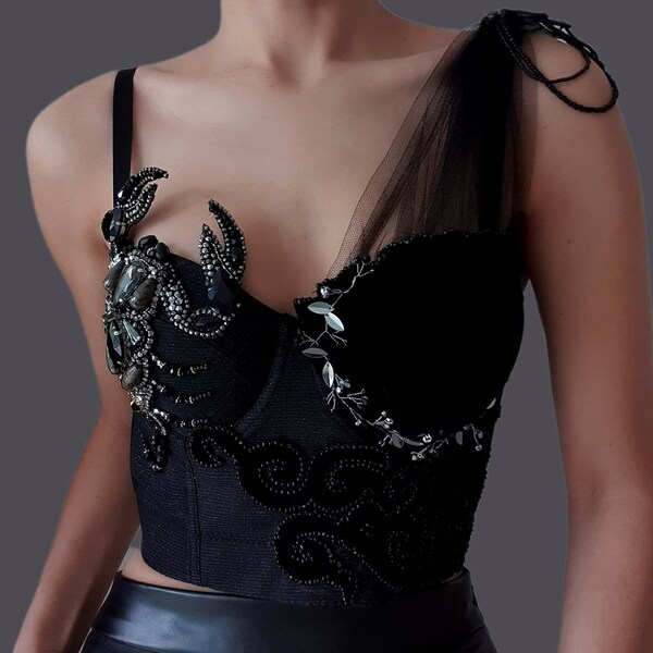 Corset noir à paillettes gothique push-up fait main, unique, unique en son genre, édition limitée