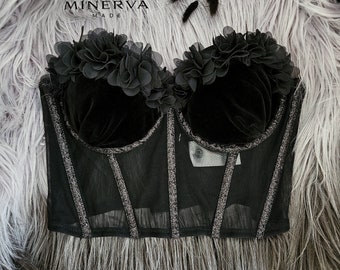 Black elegant corset with black fabric flowers and glitter unique