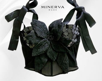 Black elegant handmade corset with fabric flower and crystal stones