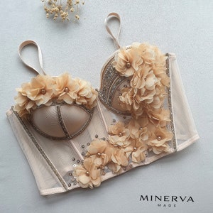 Beige flowers handmade corset, unique
