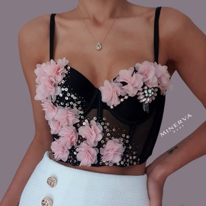 Black corset with pink fabric flowers, elegant, unique
