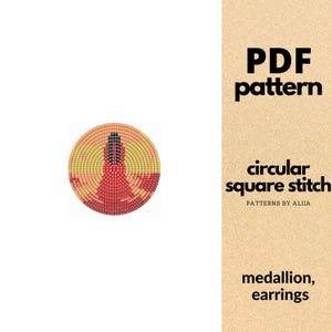 Può includere: Un modello PDF per punto quadrato circolare, con un design a medaglione colorato. Il medaglione è di forma circolare con elementi rossi, gialli e neri. Il testo sull'immagine recita "PDF pattern" e "circular square stitch."
