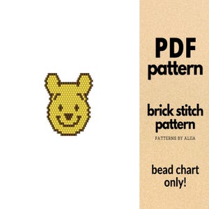 May include: A yellow and brown beadwork pattern of a bear's face. The image includes the text "PDF pattern", "brick stitch pattern", and "bead chart only!"