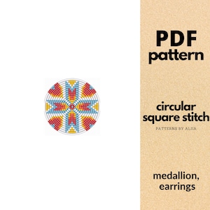 beaded medallion pattern, beaded earring pattern, beaded hair tie, beaded coasters | radial beading, circular square stitch | 15 rows