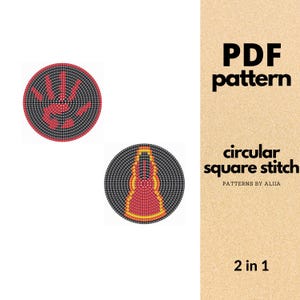 Può includere: Grafica di modello PDF con due disegni circolari. Uno presenta un disegno a mano rossa, l'altro una forma geometrica rossa e gialla. Il testo recita "PDF pattern" e "circular square stitch".