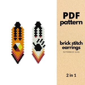 May include: PDF pattern for two brick stitch earrings. One earring features a black and white hand print design, the other features a colourful geometric design. The pattern is titled "brick stitch earrings" and "patterns by aliia".