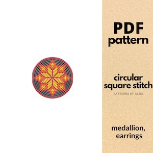 beaded medallion pattern, beaded earring pattern, beaded hair tie, beaded coasters | radial beading, circular square stitch | 15 rows