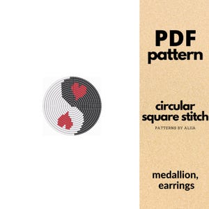 Può includere: Un modello PDF per un design a punto quadrato circolare. Il design presenta un motivo in stile yin-yang con forme di cuore rosse. Il testo sull'immagine recita "PDF pattern", "circular square stitch" e "medallion, earrings".