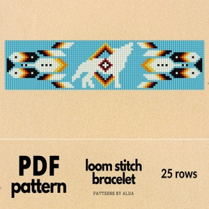 May include: PDF pattern for a loom stitch bracelet with a wolf design. The pattern is for a 25-row bracelet with a blue background and colorful geometric designs.