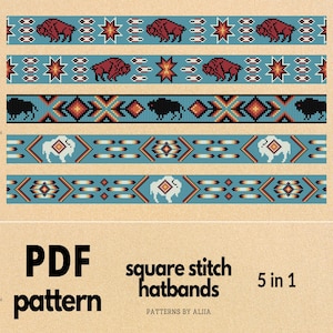 Puede incluir: Un patrón PDF digital para cintas de sombrero de puntada cuadrada. El diseño presenta patrones repetidos de bisontes, estrellas y formas geométricas en tonos de rojo, negro, blanco y turquesa. El texto "PDF pattern" y "5 in 1" también es visible.