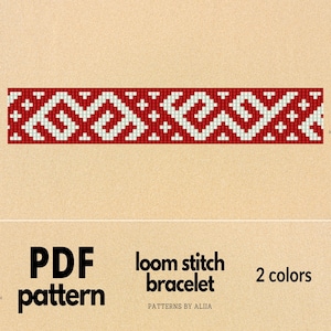May include: A red and white loom stitch bracelet pattern. The pattern features a repeating geometric design with white diamonds and red accents. The text "PDF pattern" and "loom stitch bracelet" are also visible.