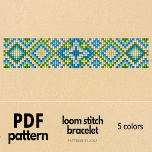 May include: A digital PDF pattern for a loom stitch bracelet. The bracelet design features a geometric pattern in shades of blue, green, and cream. The text on the image reads "loom stitch bracelet" and "5 colors".