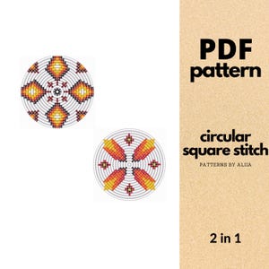 Può includere: Un modello PDF con due disegni circolari con intricati motivi di perline nei toni dell'arancione, giallo e nero. È visibile anche il testo "PDF pattern" e "circular square stitch".