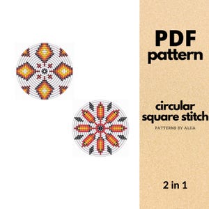 Può includere: Un modello PDF con due disegni circolari con motivi geometrici rossi, gialli e neri. È visibile anche il testo "PDF pattern" e "circular square stitch".