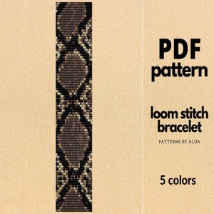 May include: A digital PDF pattern for a loom stitch bracelet with a snake skin design. The bracelet pattern features brown, black, and beige colors. The text on the image says "PDF pattern loom stitch bracelet" and "5 colors".