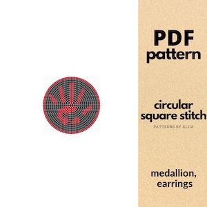 May include: A PDF pattern for a circular square stitch design. The design features a red and black circular pattern, with the text "PDF pattern" and "circular square stitch" in black. The words "medallion, earrings" are also included.