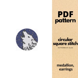 May include: A PDF pattern for a circular square stitch design. The design features a circular medallion with a white and black image on a blue background. The text on the image says "PDF pattern", "circular square stitch", and "medallion, earrings".