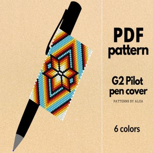 Könnte beinhalten: Ein PDF-Muster für eine Perlen-Stift-Hülle für einen G2 Pilot-Stift. Die Hülle hat ein geometrisches Design mit blauen, orangefarbenen, gelben, weißen und schwarzen Perlen. Das Muster benötigt 6 Farben an Perlen. PDF-Muster von Aliia.