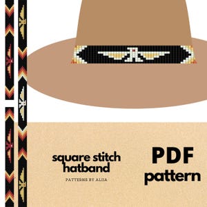 Puede incluir: Un patrón PDF para una cinta de sombrero de punto cuadrado con un diseño de cuentas que presenta un pájaro estilizado con las alas extendidas. El patrón es para una cinta de sombrero que tiene aproximadamente 2,5 pulgadas de ancho. El patrón está disponible como descarga digital.
