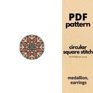 beaded medallion pattern, beaded earring pattern, beaded hair tie, beaded coasters | radial beading, circular square stitch | 15 rows