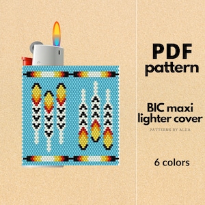 diy lighter cover pattern, bic lighter cover, peyote stitch pattern, peyote pattern, miyuki pattern, feather pattern | size 11 seed beads