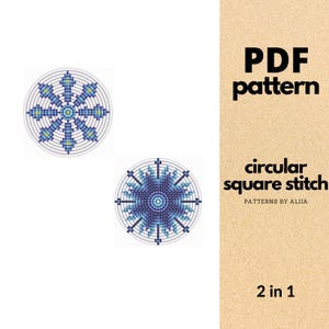 Può includere: Un modello PDF digitale con due disegni circolari nei toni del blu e del giallo. Il testo "PDF pattern" e "circular square stitch" sono visualizzati su uno sfondo beige. È visibile anche il testo "2 in 1".