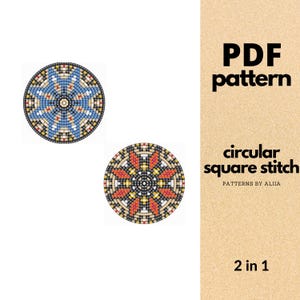 Può includere: Due motivi circolari con disegni intricati in blu, rosso, giallo e nero. L'immagine include il testo "PDF pattern" e "circular square stitch" con "2 in 1" in basso. I modelli sono per l'artigianato.